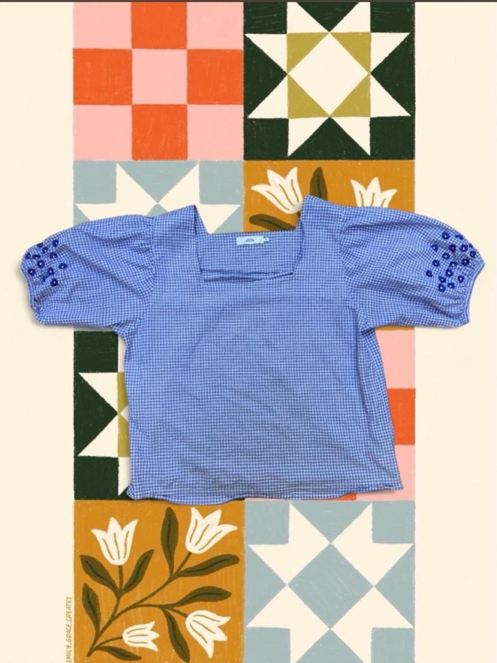 The Tiny Big sister Gingham Puff Sleeve Top with embroidered flowers